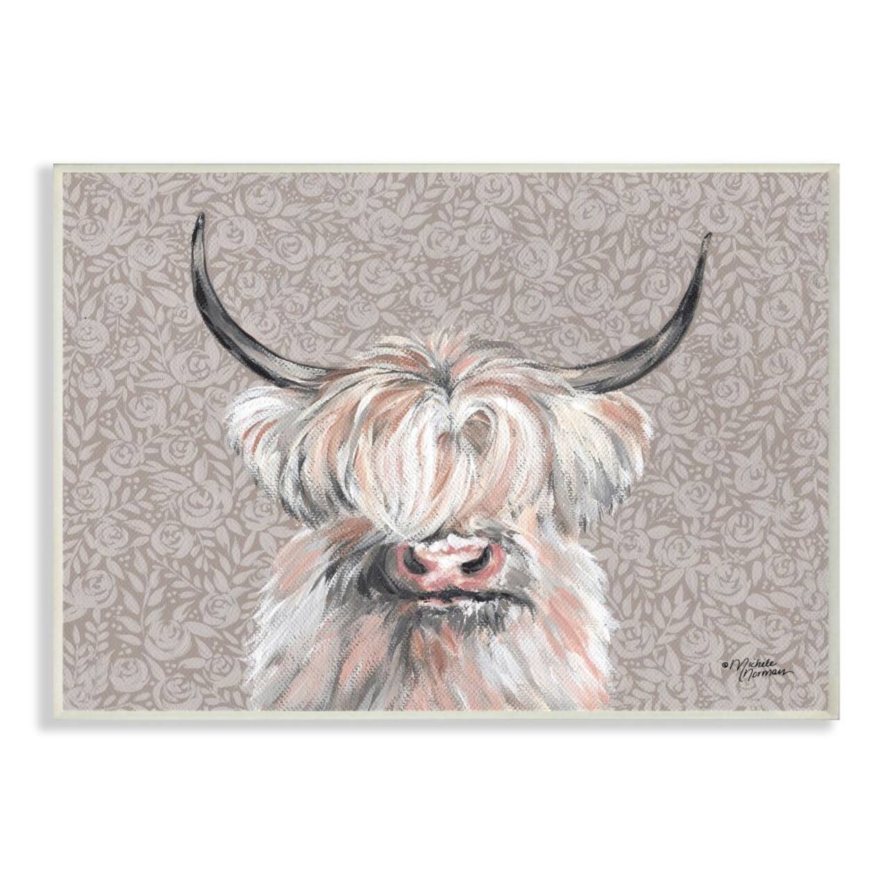 Stupell Industries Grumpy White Buffalo on Floral Print Farm Animal Wood Wall Plaque
